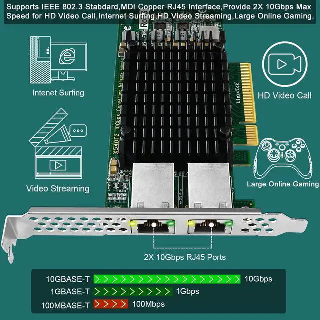 Alt view image 4 of 5 - LinksTek X540T2 Dual 10GbE RJ45 Ports Converged Ethernet Adapter for Servers and Desktop PCs. Intel X540AT2 10GbE Ethernet Controller, 2X 10GbE RJ45, for Virtualization, Storage and Gaming (X540T2)