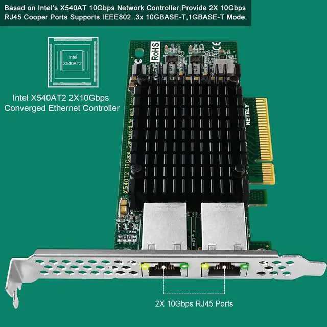 Alt view image 2 of 5 - NETELY PCIE X8 to 2X 10GbE NIC Card, 2X 10Gbps RJ45 Ports, PCIE X8 Lane, Intel X540-AT2 Converged Ethernet Controller, 10GbE PCIE Network Adapter for Windows and Linux Desktop PCs (X540T2)