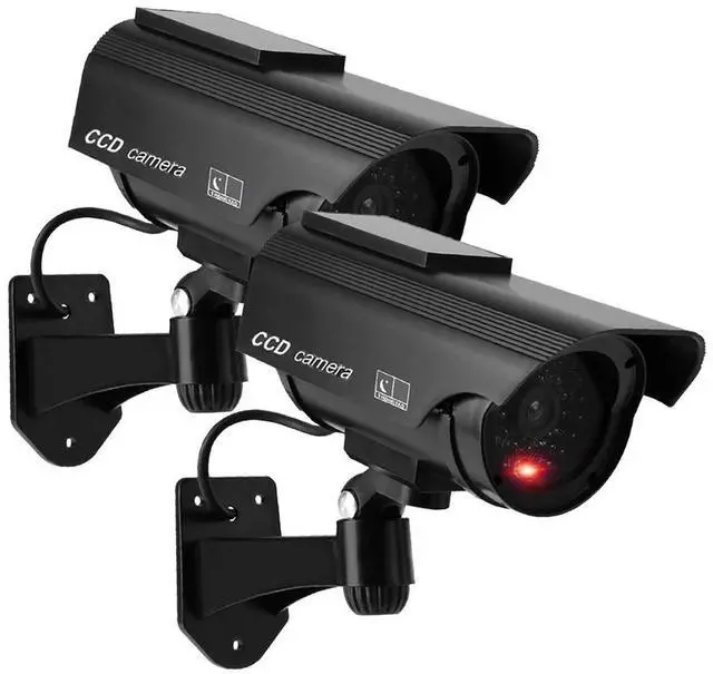 Main image of YSUCAU Solar Powered Bullet Dummy Fake Simulated Surveillance Security CCTV Dome Camera Indoor/Outdoor Use with Flashing Red LED Light & Warning Security Alert Sticker Decal, 2 Packs, Black