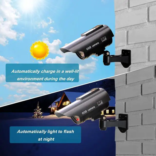 Alt view image 3 of 5 - YSUCAU Solar Powered Bullet Dummy Fake Simulated Surveillance Security CCTV Dome Camera Indoor/Outdoor Use with Flashing Red LED Light & Warning Security Alert Sticker Decal, 2 Packs, Black