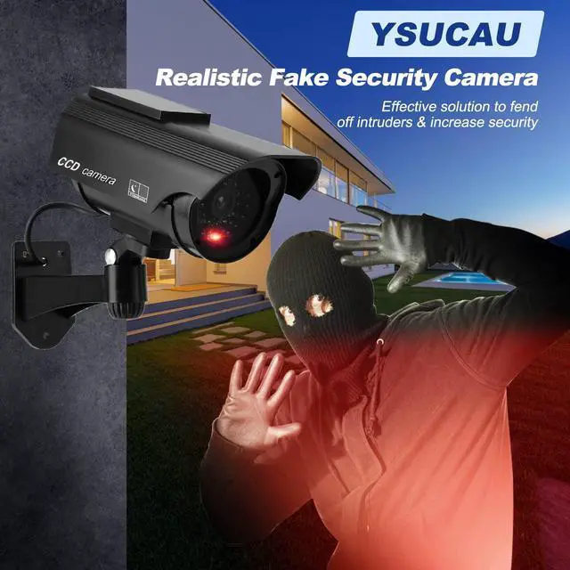 Alt view image 5 of 5 - YSUCAU Solar Powered Bullet Dummy Fake Simulated Surveillance Security CCTV Dome Camera Indoor/Outdoor Use with Flashing Red LED Light & Warning Security Alert Sticker Decal, 2 Packs, Black