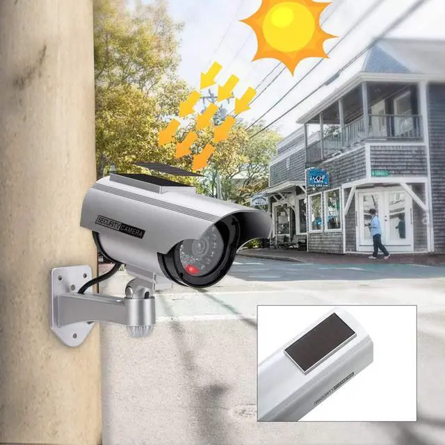 Alt view image 2 of 5 - PreZiouz Solar Powered Dummy Security Camera, Bullet Fake Security Cameras, Simulated Surveillance System with Red LED Light and CCTV Stickers for Home Businesses Indoor/Outdoor (2 Packs, Silver)