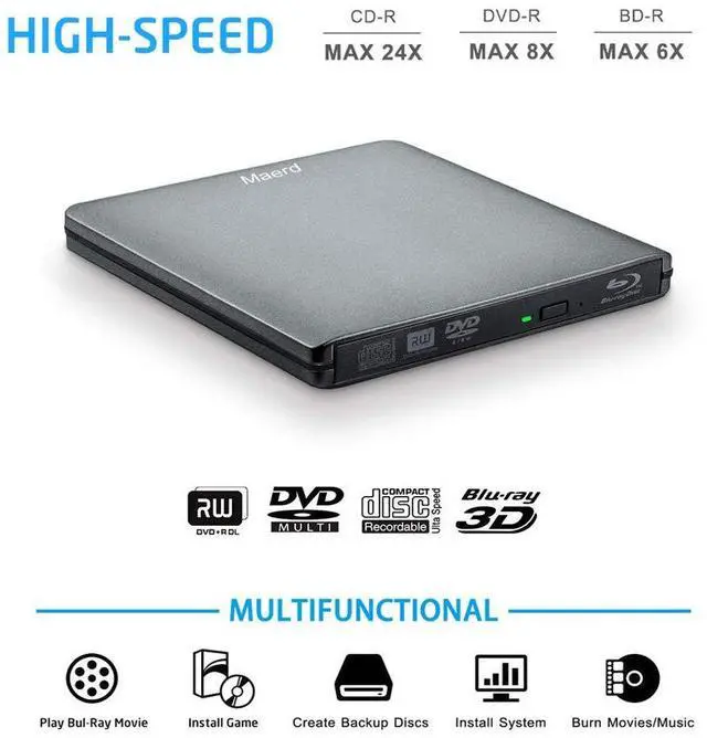 Alt view image 3 of 5 - Maerd External Blu Ray DVD Drive, USB3.0 Type-C Portable Blu Ray Player CD DVD BD Burner 6X 3D CD DVD Bluray Burner for Windows XP/7/8/10 Laptop, Desktop (Grey)