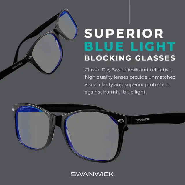 Alt view image 5 of 5 - Swanwick Blue Light Blocking Glasses for Women, Men Anti Eyestrain Headache for Computer, Gaming, TV, Phone Screen. Sleep Aid. Classic Day Swannies (Small, Black)