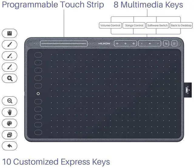 Alt view image 2 of 5 - HUION HS611 Graphics Drawing Tablet Android Support Digital Art Tablet with Battery-Free Stylus 8192 Pen Pressure Tilt 8 Multimedia Keys 10 Hot Keys and Touch Ring, 10x6 inch Drawing Pad, Space Grey