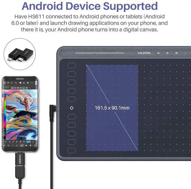 Alt view image 3 of 5 - HUION HS611 Graphics Drawing Tablet Android Support Digital Art Tablet with Battery-Free Stylus 8192 Pen Pressure Tilt 8 Multimedia Keys 10 Hot Keys and Touch Ring, 10x6 inch Drawing Pad, Space Grey