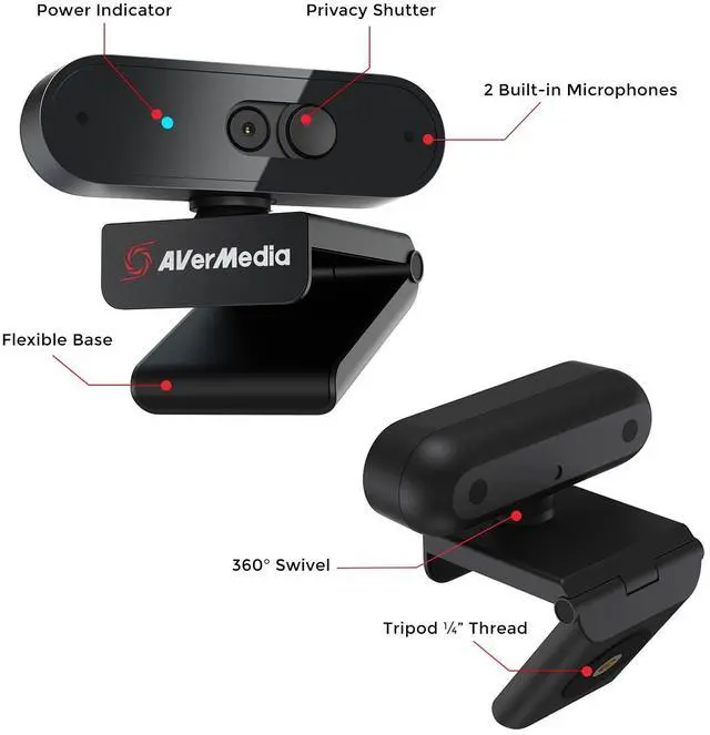 Alt view image 3 of 5 - AVerMedia PW310P Webcam - Full 1080p 30fps HD Camera with Autofocus and Dual Stereo Microphones, Work from Home, Remote Learning - NDAA Compliant