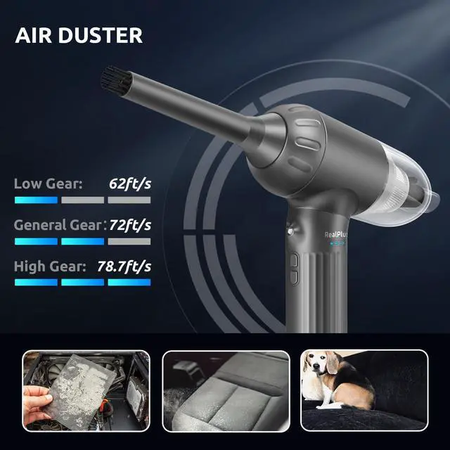 Alt view image 3 of 5 - RealPlus 4 in 1 Compressed Air Duster & Vacuum Cleaner & Pump, 12000Pa 7500mAh 3 Speeds Rechargeable Brushless Electric Duster, Cordless Air Blower with LED Light for Keyboard Computer PC Car