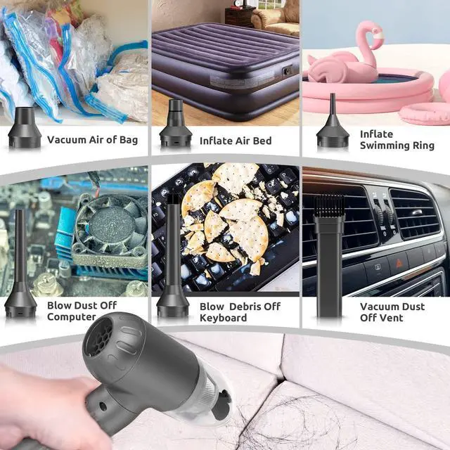 Alt view image 5 of 5 - RealPlus 4 in 1 Compressed Air Duster & Vacuum Cleaner & Pump, 12000Pa 7500mAh 3 Speeds Rechargeable Brushless Electric Duster, Cordless Air Blower with LED Light for Keyboard Computer PC Car