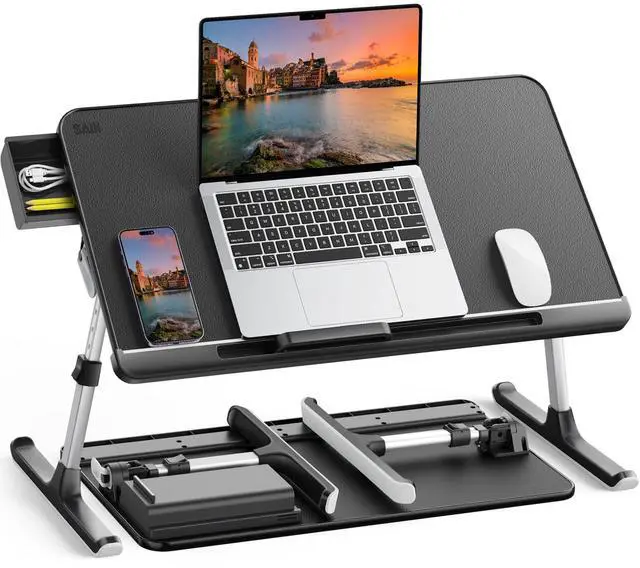 Main image of SAIJI Laptop Bed Tray Table, Adjustable PVC Leather Laptop Bed Table, Portable Standing Desk with Storage Drawer, Foldable Lap Tablet Table for Sofa Couch Floor (Dark Black)
