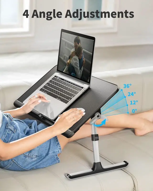 Alt view image 3 of 5 - SAIJI Laptop Bed Tray Table, Adjustable PVC Leather Laptop Bed Table, Portable Standing Desk with Storage Drawer, Foldable Lap Tablet Table for Sofa Couch Floor (Dark Black)