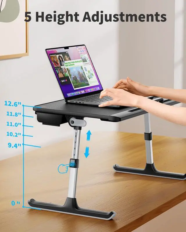 Alt view image 4 of 5 - SAIJI Laptop Bed Tray Table, Adjustable PVC Leather Laptop Bed Table, Portable Standing Desk with Storage Drawer, Foldable Lap Tablet Table for Sofa Couch Floor (Dark Black)