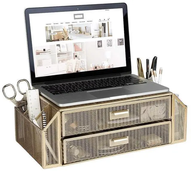 Main image of Blu Monaco Gold Monitor Stand with Drawer  Computer Monitor Riser with Storage  Laptop Stand for Desk with Storage - Laptop organizer - Desk Organizer with Drawers