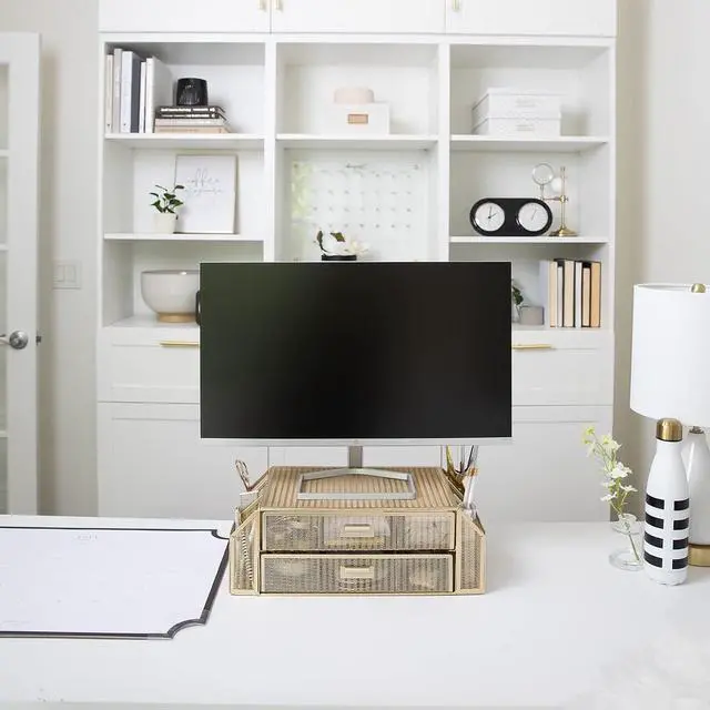 Alt view image 4 of 5 - Blu Monaco Gold Monitor Stand with Drawer  Computer Monitor Riser with Storage  Laptop Stand for Desk with Storage - Laptop organizer - Desk Organizer with Drawers