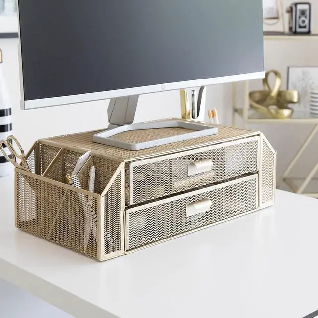 Alt view image 5 of 5 - Blu Monaco Gold Monitor Stand with Drawer  Computer Monitor Riser with Storage  Laptop Stand for Desk with Storage - Laptop organizer - Desk Organizer with Drawers