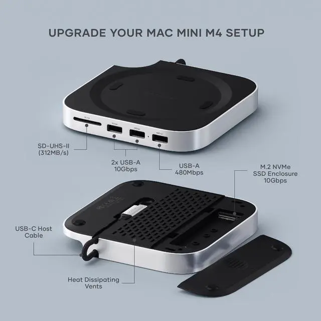 Alt view image 2 of 5 - Satechi Mac mini M4 Hub & Stand with NVMe SSD Enclosure, Mac mini M4 Dock with 2xUSB A 10Gbps, USB A Data Port, SD Card Reader for Mac mini M4, Mac mini M4 Pro - Silver