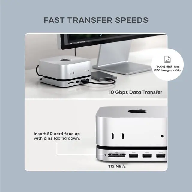Alt view image 4 of 5 - Satechi Mac mini M4 Hub & Stand with NVMe SSD Enclosure, Mac mini M4 Dock with 2xUSB A 10Gbps, USB A Data Port, SD Card Reader for Mac mini M4, Mac mini M4 Pro - Silver