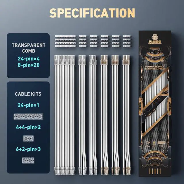 Alt view image 2 of 5 - AsiaHorse PSU Cable Extension Kit of Clear Connector, 24Pin/4+4 EPS/6+2 PCI-E 16AWG ATX Power Supply Sleeved Cable Kit for Two-Way CPU Performance, 30CM Length with White Combs