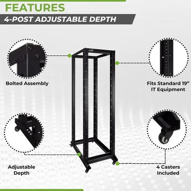 Alt view image 2 of 5 - NavePoint 42U Server Rack, 4-Post Open Frame Rack for 19" Networking Equipment, 1000mm, Stationary/Casters, Black Steel, Max Weight Capacity 881 Lbs