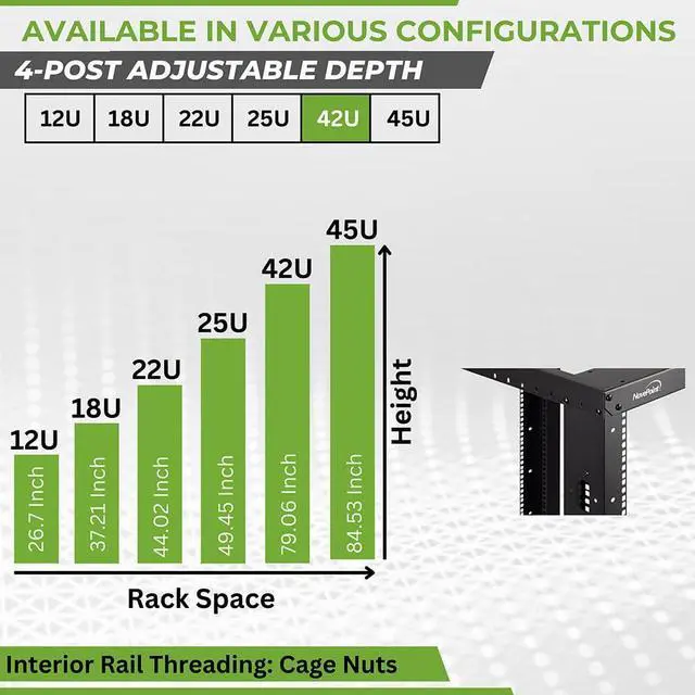 Alt view image 3 of 5 - NavePoint 42U Server Rack, 4-Post Open Frame Rack for 19" Networking Equipment, 1000mm, Stationary/Casters, Black Steel, Max Weight Capacity 881 Lbs