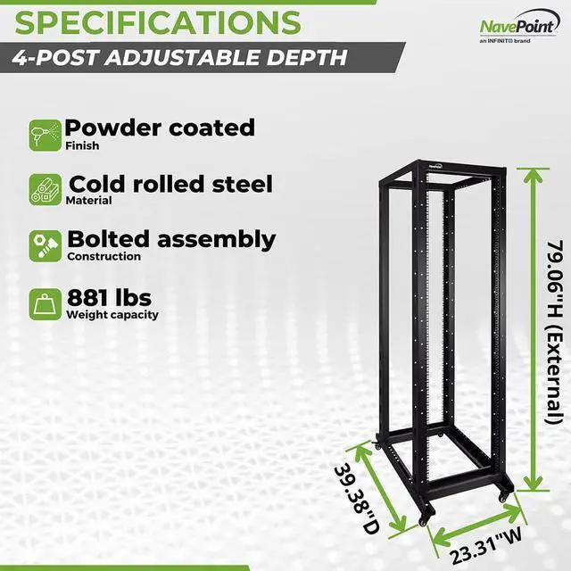 Alt view image 4 of 5 - NavePoint 42U Server Rack, 4-Post Open Frame Rack for 19" Networking Equipment, 1000mm, Stationary/Casters, Black Steel, Max Weight Capacity 881 Lbs