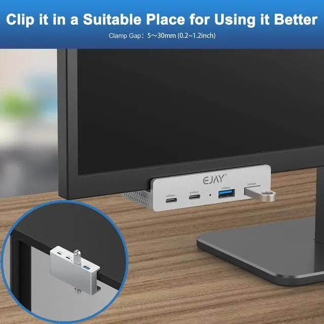 Alt view image 2 of 5 - EJAY 4Ports 10Gbps USB-C HUB USB3.2 Clamp USB HUB Splitter,Mountable USB-C Adapter with Data & Power Cable for iMac 2021 and later-10Gbps(Sliver)