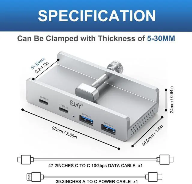 Alt view image 3 of 5 - EJAY 4Ports 10Gbps USB-C HUB USB3.2 Clamp USB HUB Splitter,Mountable USB-C Adapter with Data & Power Cable for iMac 2021 and later-10Gbps(Sliver)