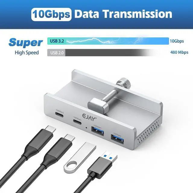 Alt view image 4 of 5 - EJAY 4Ports 10Gbps USB-C HUB USB3.2 Clamp USB HUB Splitter,Mountable USB-C Adapter with Data & Power Cable for iMac 2021 and later-10Gbps(Sliver)