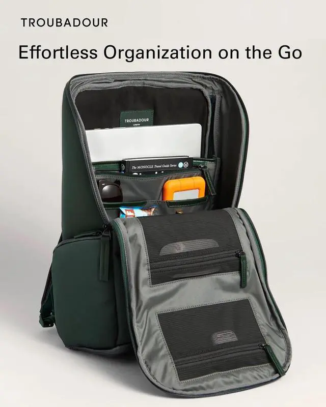 Alt view image 3 of 5 - Troubadour Pioneer Backpack 3.0 - Premium Everyday Bag with Padded Laptop Section, Ventilated Shoe Compartment & Sustainable Waterproof Material - All-Day Lightweight Comfort Design - Obsidian Green