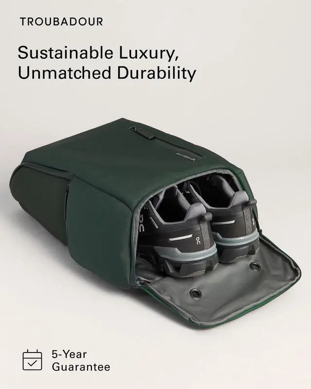 Alt view image 4 of 5 - Troubadour Pioneer Backpack 3.0 - Premium Everyday Bag with Padded Laptop Section, Ventilated Shoe Compartment & Sustainable Waterproof Material - All-Day Lightweight Comfort Design - Obsidian Green