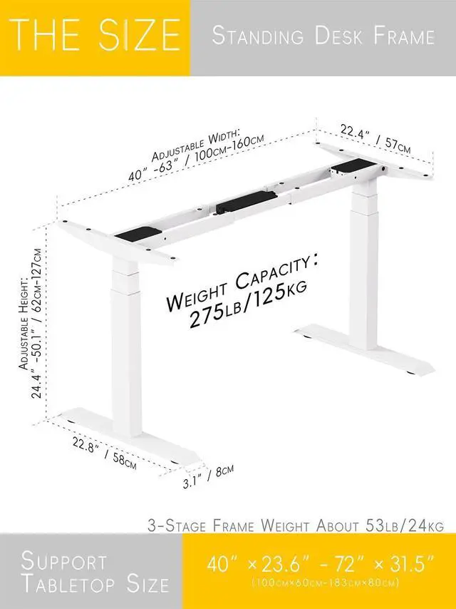 Alt view image 2 of 5 - Standing Desk Frame 3 Stages with Smart Paddle Controller.Gyroscope Sensitive to collisions.Heavy Duty Adjustable Desk Frame for 40 to 72 inch Table Tops,Dual Motor,Load 275 lbs.White