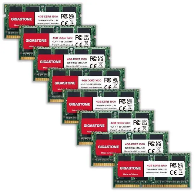 Main image of DDR3 RAM Laptop Only GIGASTONE 32GB Kit (8x4GB) DDR3/DDR3L 1600MHz (1333MHz) PC3-12800 (PC3-10600) CL11 1.35V/1.5V 2Rx8 SODIMM 204 Pin Unbuffered Non ECC High Performance Notebook Memory Upgrade