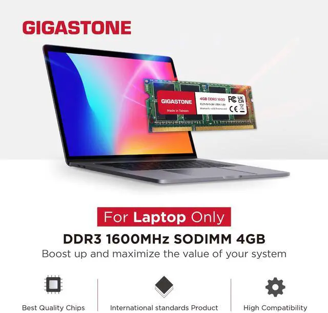 Alt view image 2 of 5 - DDR3 RAM Laptop Only GIGASTONE 32GB Kit (8x4GB) DDR3/DDR3L 1600MHz (1333MHz) PC3-12800 (PC3-10600) CL11 1.35V/1.5V 2Rx8 SODIMM 204 Pin Unbuffered Non ECC High Performance Notebook Memory Upgrade