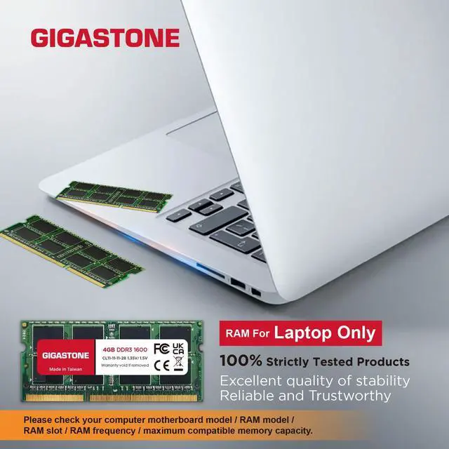 Alt view image 3 of 5 - DDR3 RAM Laptop Only GIGASTONE 32GB Kit (8x4GB) DDR3/DDR3L 1600MHz (1333MHz) PC3-12800 (PC3-10600) CL11 1.35V/1.5V 2Rx8 SODIMM 204 Pin Unbuffered Non ECC High Performance Notebook Memory Upgrade
