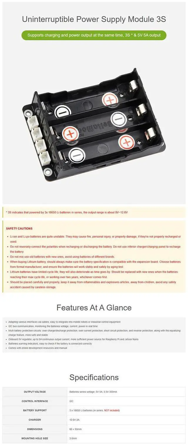 Alt view image 5 of 5 - Uninterruptible Power Supply (UPS) Module for Raspberry Pi/Jetson Nano Supports Charging and Power Output at The Same Time 3S & 5V 5A Output