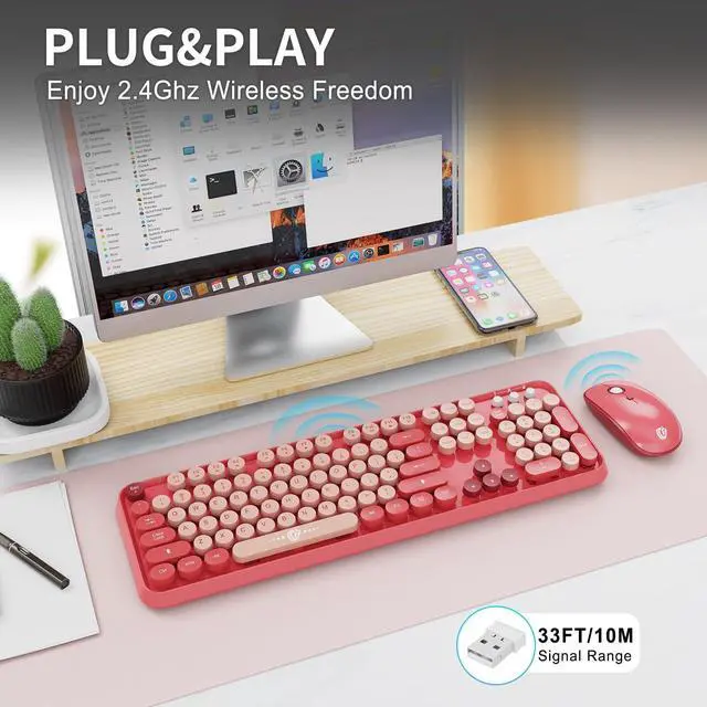 Alt view image 2 of 5 - Wireless Keyboard and Mouse Combo, 2.4 GHz Full-Sized Typewriter Keyboard and Mouse Wireless with Round Keycaps for Windows, Computer, Desktop, PC, Laptop (BerryPink)