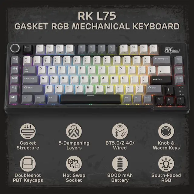 Alt view image 2 of 5 - RK ROYAL KLUDGE L75 Gasket Mount Mechanical Keyboard w/Knob/Macro Keys & Touchable Nameplate, Tri-Mode 75% TKL Wireless Keyboard BT/2.4G/USB-C, Hot Swappable, Pro Software, Massive 8000mAh Battery