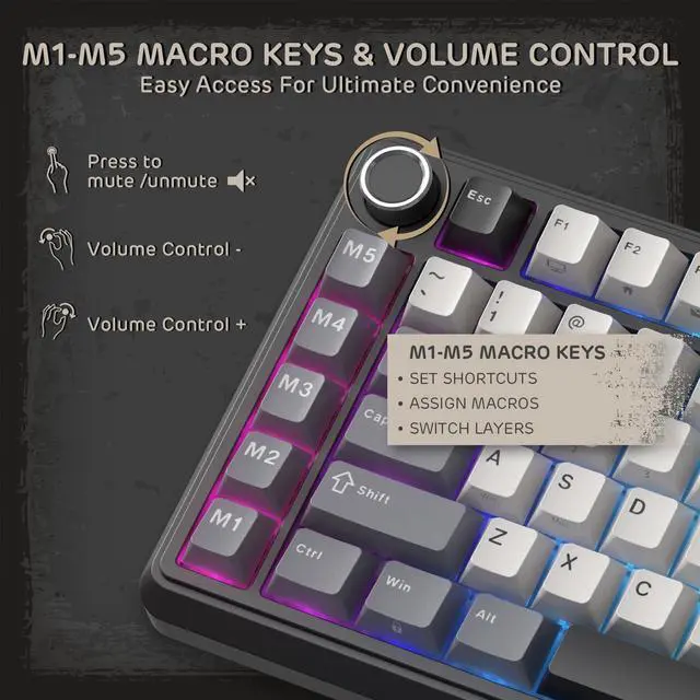 Alt view image 4 of 5 - RK ROYAL KLUDGE L75 Gasket Mount Mechanical Keyboard w/Knob/Macro Keys & Touchable Nameplate, Tri-Mode 75% TKL Wireless Keyboard BT/2.4G/USB-C, Hot Swappable, Pro Software, Massive 8000mAh Battery