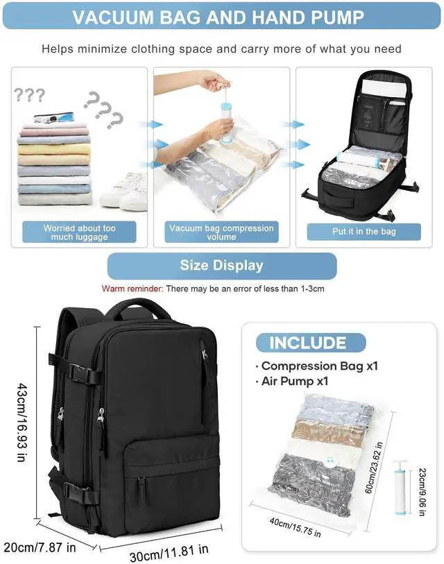 Alt view image 2 of 5 - VGCUB Large Travel Backpack with Vacuum System Carry on Personal Item Storage Compression Seal Bags for Clothing with Pump Work Business Vacpack Airback Laptop Backpack for Women Men Black