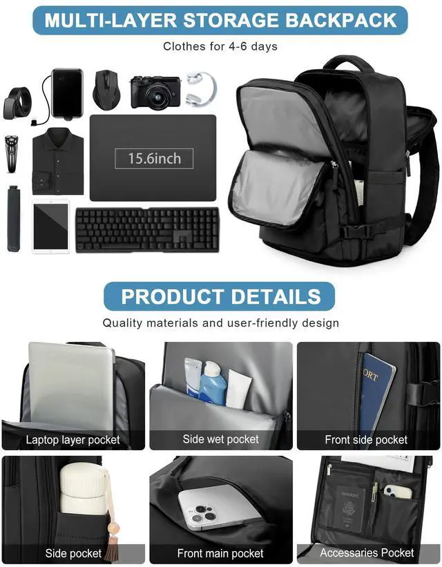 Alt view image 5 of 5 - VGCUB Large Travel Backpack with Vacuum System Carry on Personal Item Storage Compression Seal Bags for Clothing with Pump Work Business Vacpack Airback Laptop Backpack for Women Men Black