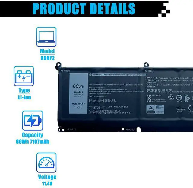 Alt view image 2 of 5 - 69KF2 Battery Replacement for Dell G7 15 7500 G15 5510 5511 5515 5520 5521 XPS 15 9500 9510 9520 Precision 5550 5560 5570 Alienware M15 R3 R4 M17 R3 R4 Inspiron 7510 7610 7620 P87F P91F 86Wh 7167mAh