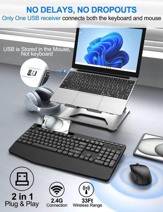 Alt view image 2 of 5 - EDJO Wireless Keyboard and Mouse Combo, Full-Size Ergonomic Wireless Computer Keyboard with Wrist Rest, Phone Holder, Sleep Mode, Comfortable Natural Typing Set for Windows, Laptop, Mac, PC