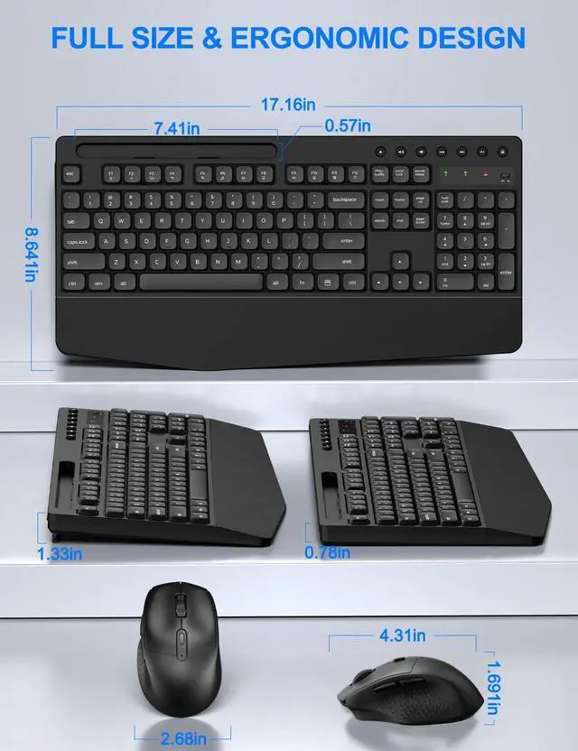 Alt view image 3 of 5 - EDJO Wireless Keyboard and Mouse Combo, Full-Size Ergonomic Wireless Computer Keyboard with Wrist Rest, Phone Holder, Sleep Mode, Comfortable Natural Typing Set for Windows, Laptop, Mac, PC