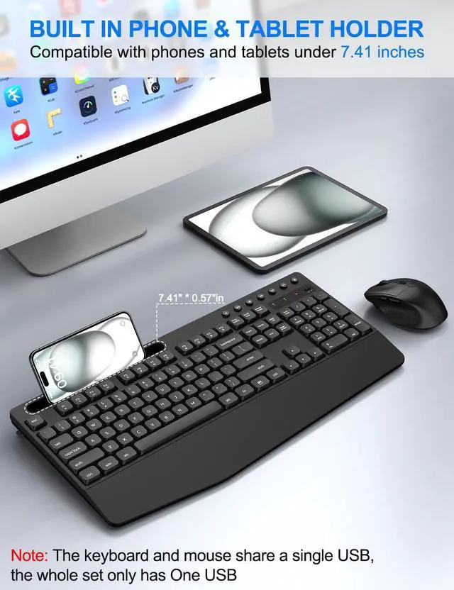 Alt view image 4 of 5 - EDJO Wireless Keyboard and Mouse Combo, Full-Size Ergonomic Wireless Computer Keyboard with Wrist Rest, Phone Holder, Sleep Mode, Comfortable Natural Typing Set for Windows, Laptop, Mac, PC
