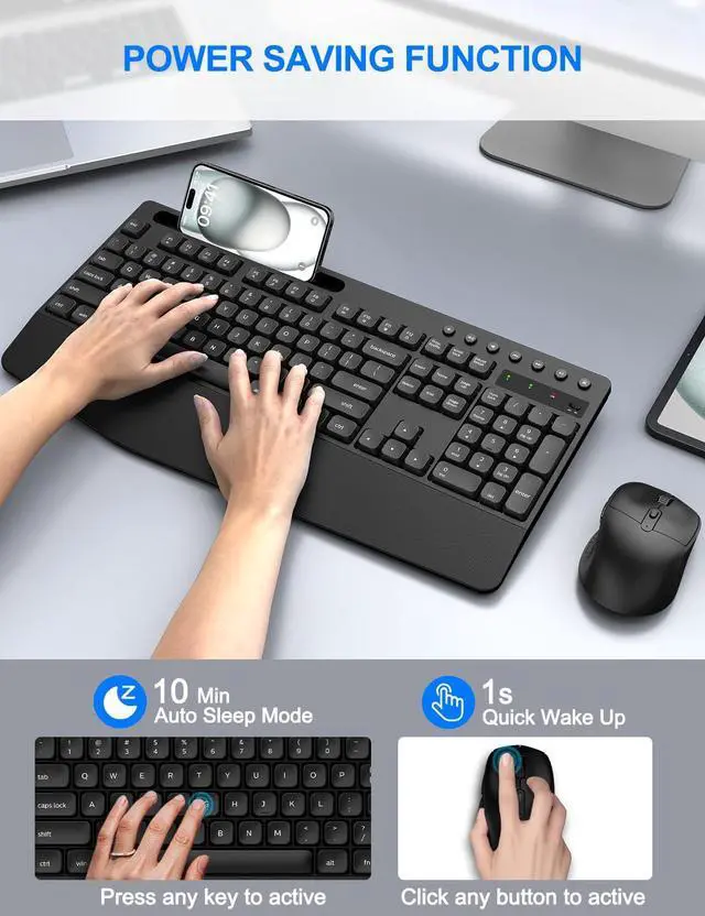 Alt view image 5 of 5 - EDJO Wireless Keyboard and Mouse Combo, Full-Size Ergonomic Wireless Computer Keyboard with Wrist Rest, Phone Holder, Sleep Mode, Comfortable Natural Typing Set for Windows, Laptop, Mac, PC