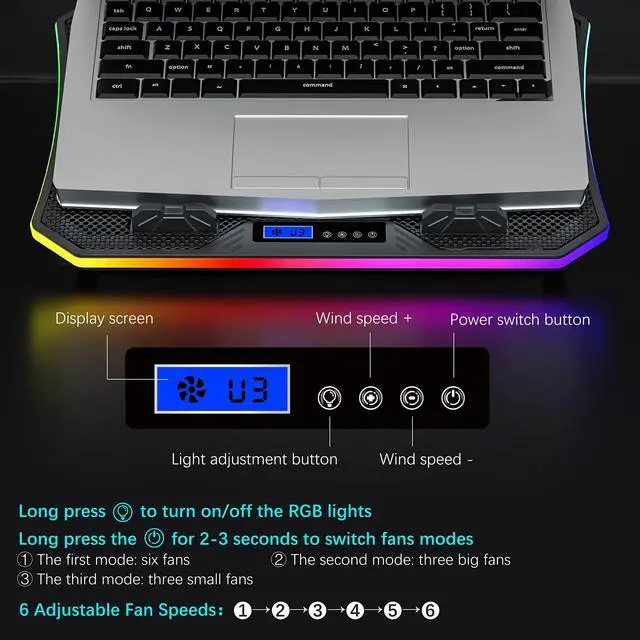 Alt view image 5 of 5 - TopMate C12 Laptop Cooling Pad RGB Gaming Notebook Cooler for Desk and Lap Use, Laptop Fan Stand 8 Adjustable Heights with 6 Quiet Fans and Phone Holder, for 15.6-17.3 Inch Laptops-Ice Blue LED Light