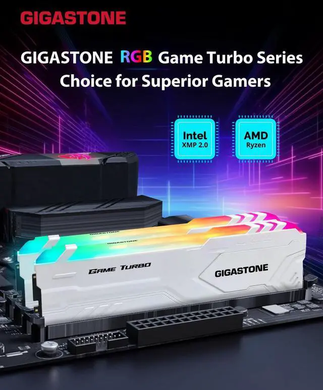 Alt view image 2 of 5 - RGB DDR4 RAMGIGASTONE Game TURBO 16GB Kit (2x8GB)DDR4 3200MHz PC4-25600 CL 16-18-18-40 Intel XMP 2.0 AMD Ryzen 1.35V UDIMM 288 Pin Unbuffered Non ECC High Performance Gaming Desktop Memory - White