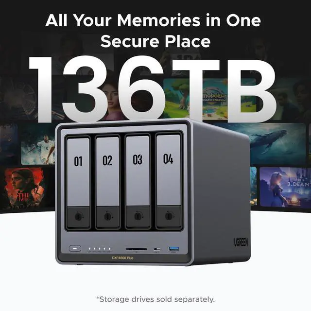 Alt view image 3 of 5 - UGREEN NASync DXP4800 Plus 4-Bay Desktop NAS, Intel Pentium Gold 8505 5-Core CPU, 8GB DDR5 RAM, 128G SSD, 1 * 10GbE, 1 * 2.5GbE, 2 * M.2 NVMe Slots, 4K HDMI, Network Attached Storage (Diskless)