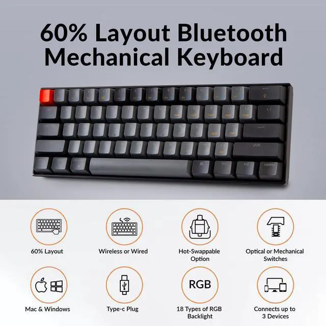 Alt view image 2 of 5 - Keychron K12 60% Layout Hot-Swappable Bluetooth Wireless/USB Wired Mechanical Keyboard with Gateron G Pro Red Switch RGB Backlit, Compact 61-Key Computer Gaming Keyboard Compatible with Mac Windows