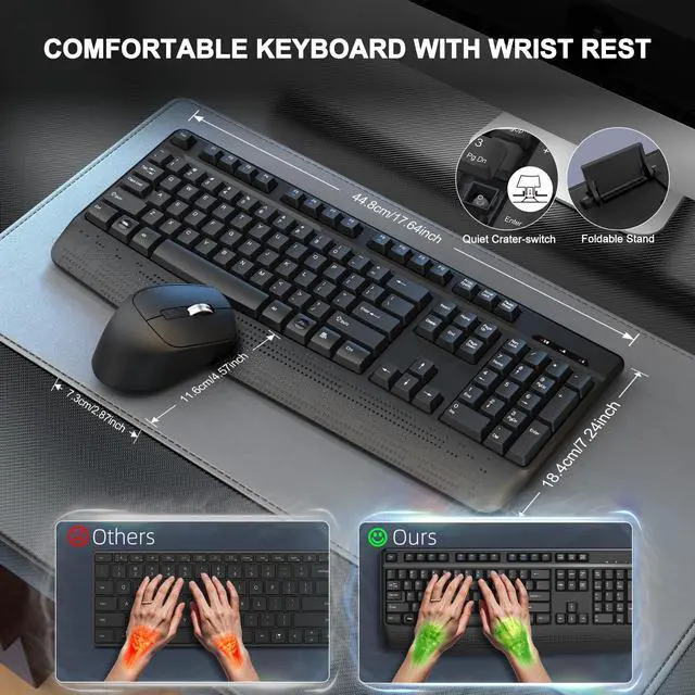 Alt view image 2 of 5 - Wireless Keyboard and Mouse Combo, EDJO 2.4G Full-Sized Ergonomic Computer Keyboard with Wrist Rest and 3 Level DPI Adjustable Wireless Mouse for Windows, Mac OS Desktop/Laptop/PC (Dark Gray)